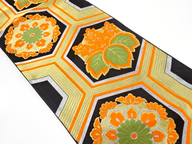 アンティーク　亀甲に華紋・桐模様織り出し袋帯（着用可）